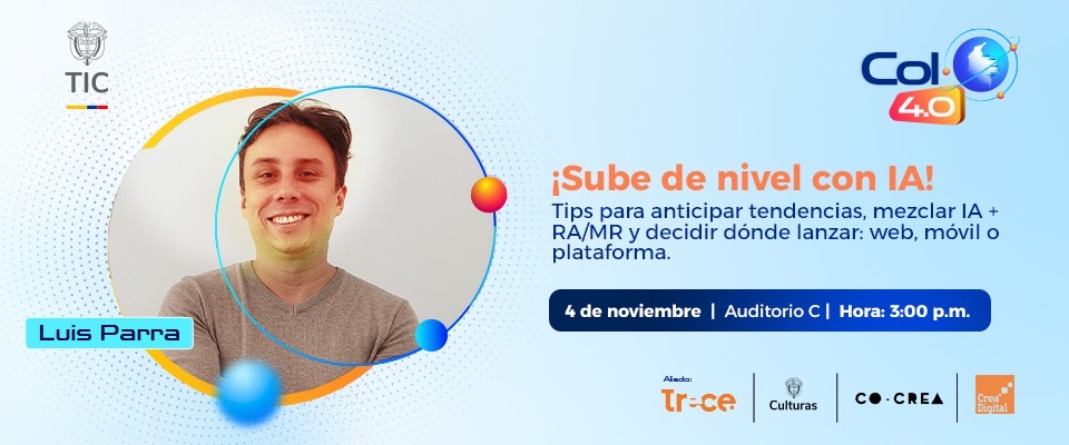 Imagen diseñada invitando a Col40 Bogotá y a la charla "sube tu nivel con IA"